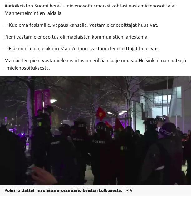 Screen capture from Iltalehti: "Extreme-right Finland Wake Up encountered counter-protesters by the Mannerheimintie.- Death to fascism, freedom to the people, shouted the counter-demonstrators. The small counter-demonstration was organised by Maoist communists. - Long live Lenin, long live Mao Zedong, shouted the counter-demonstrators. The small counter-demonstration by the Maoists was separate from the wider Helsinki Without Nazis demonstration."